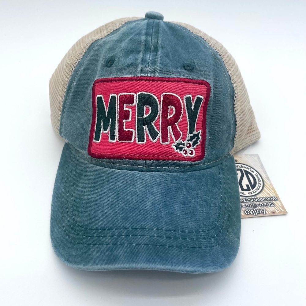 Blue "Merry” Christmas Holiday Adjustable Mesh Hat Cap New
